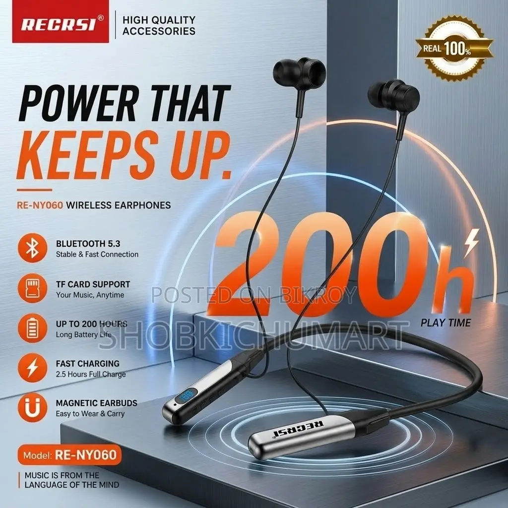 RECRSI RE-NY060 Wireless Neckband Earphones (200 Hours Play Time)
