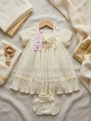 Gorgeous Off-White Baby Girl Frock With Pearl Bow & Cute Matching Bag
