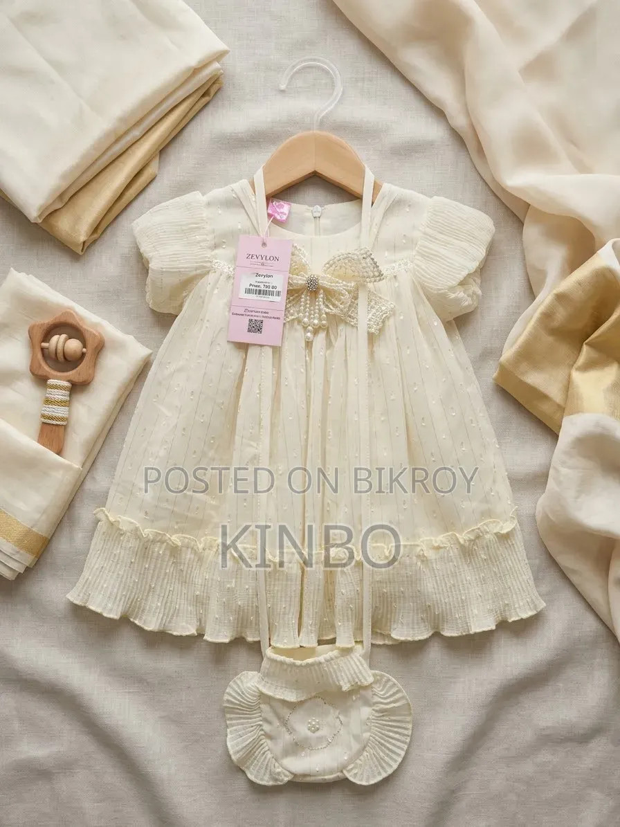 Gorgeous Off-White Baby Girl Frock With Pearl Bow & Cute Matching Bag