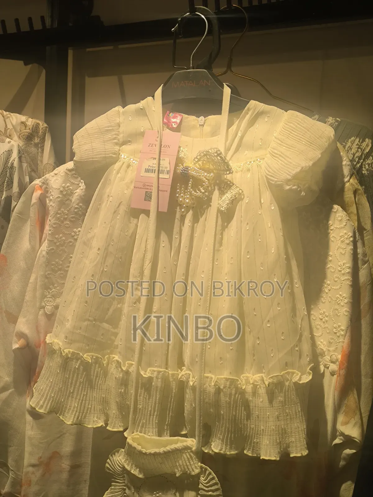 Gorgeous Off-White Baby Girl Frock With Pearl Bow & Cute Matching Bag