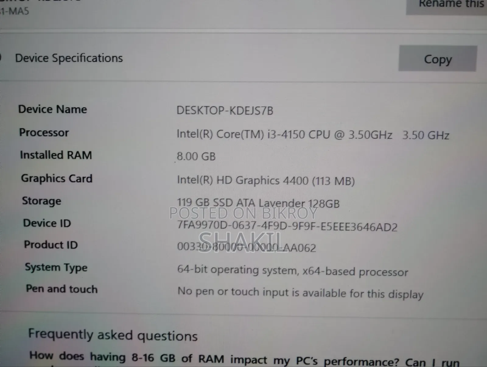Desktop Computer 8GB Intel Core i3 SSD 128GB