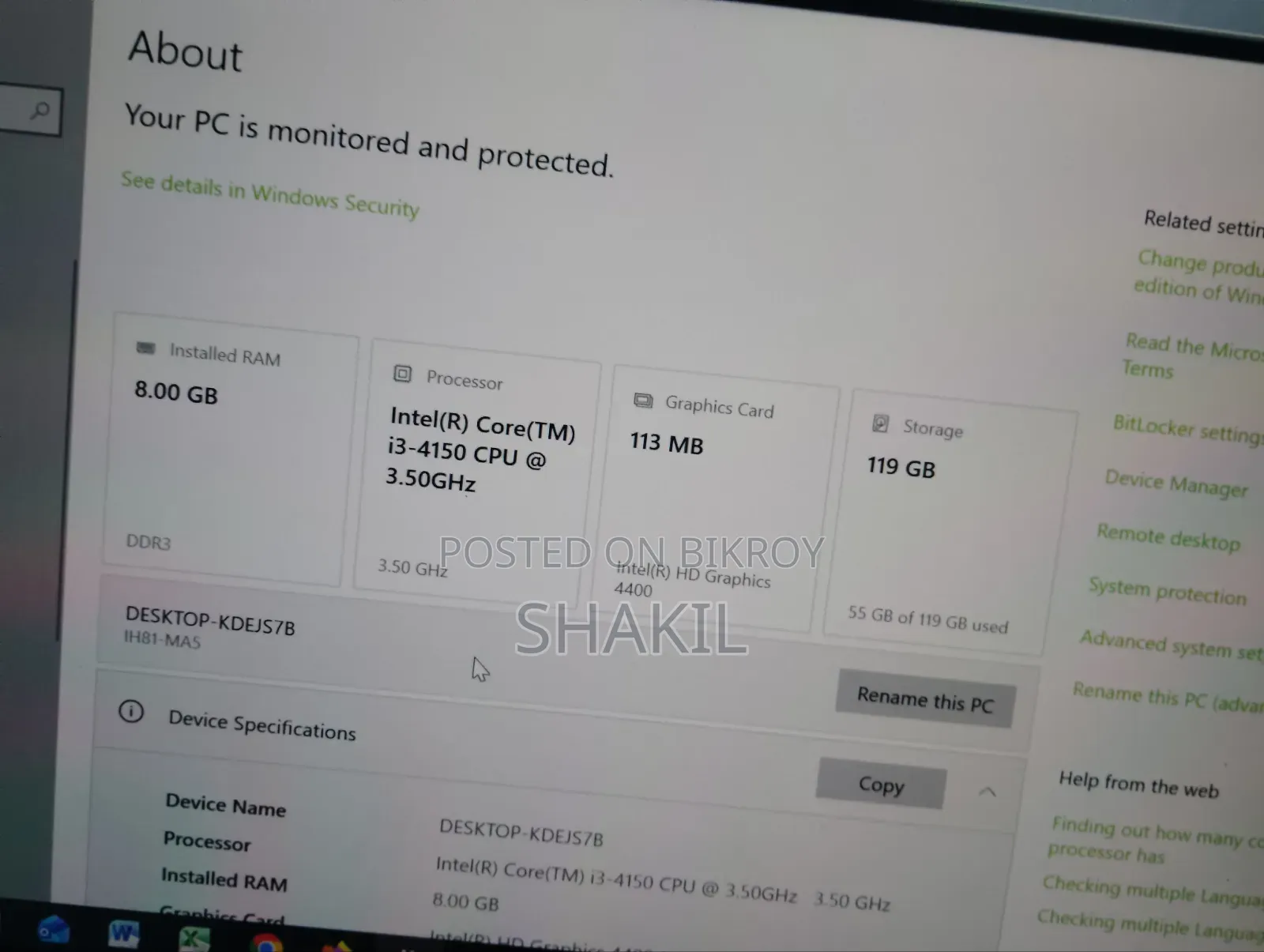 Desktop Computer 8GB Intel Core i3 SSD 128GB