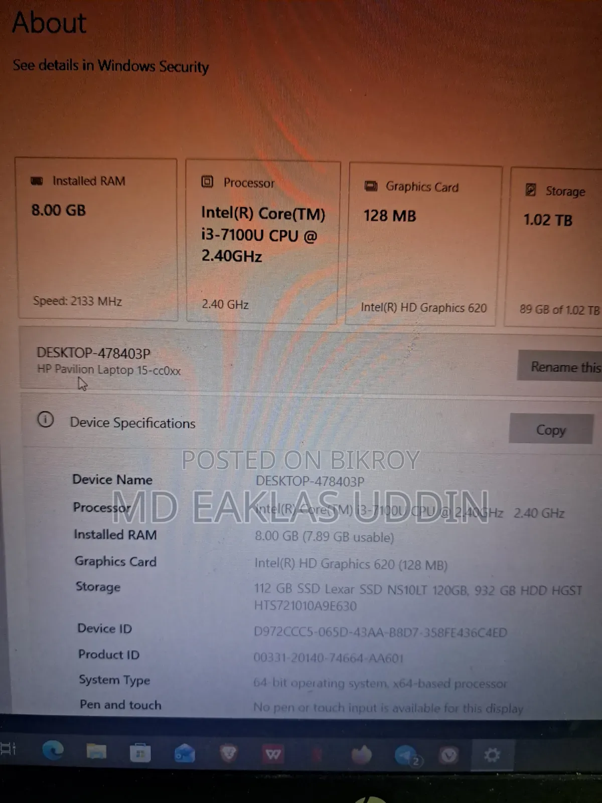 Laptop HP 15 8GB Intel Core i3 HDD+SSD 1T