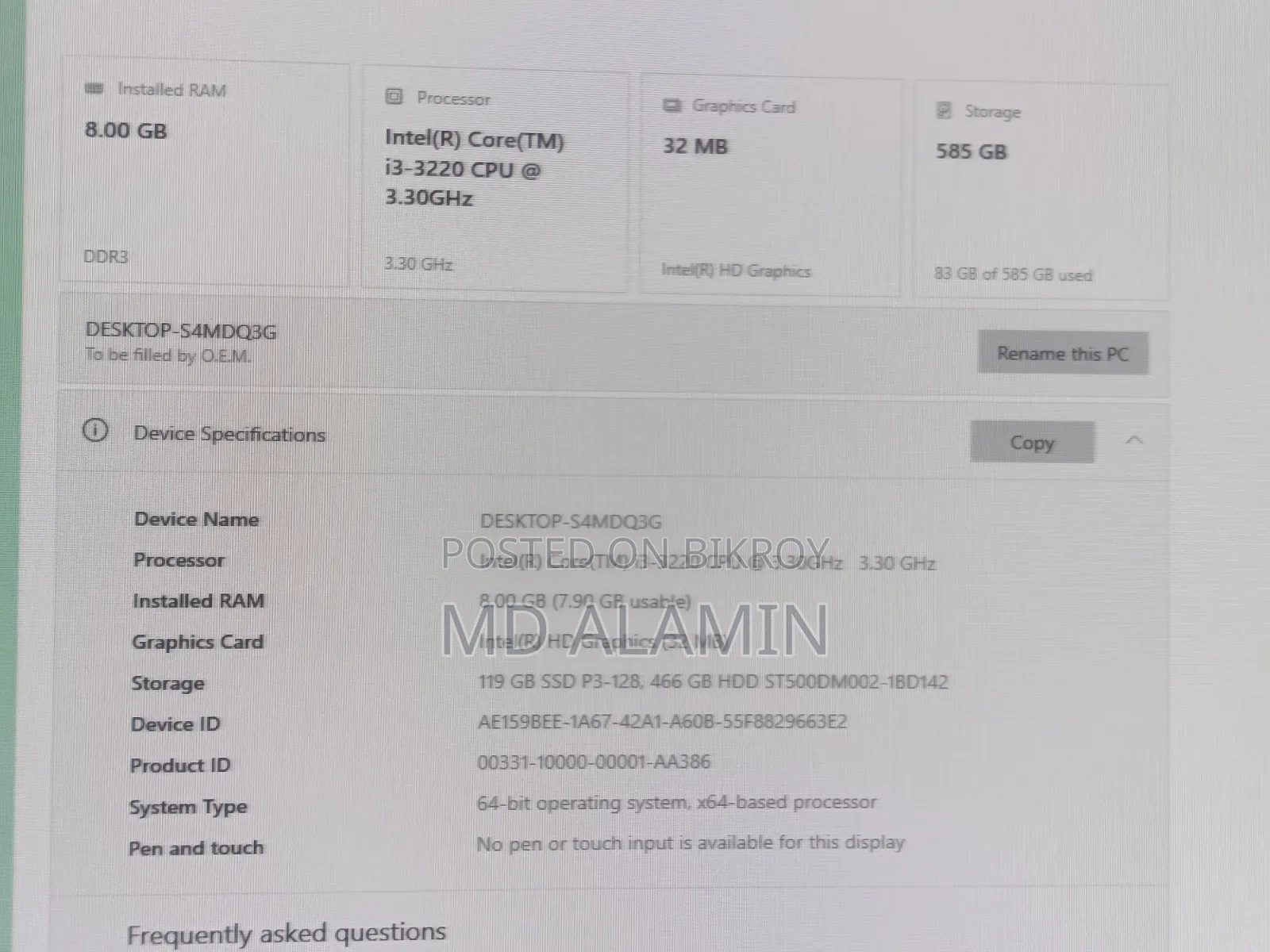 Desktop Computer Gigabyte 8GB Intel Core i3 HDD 512GB