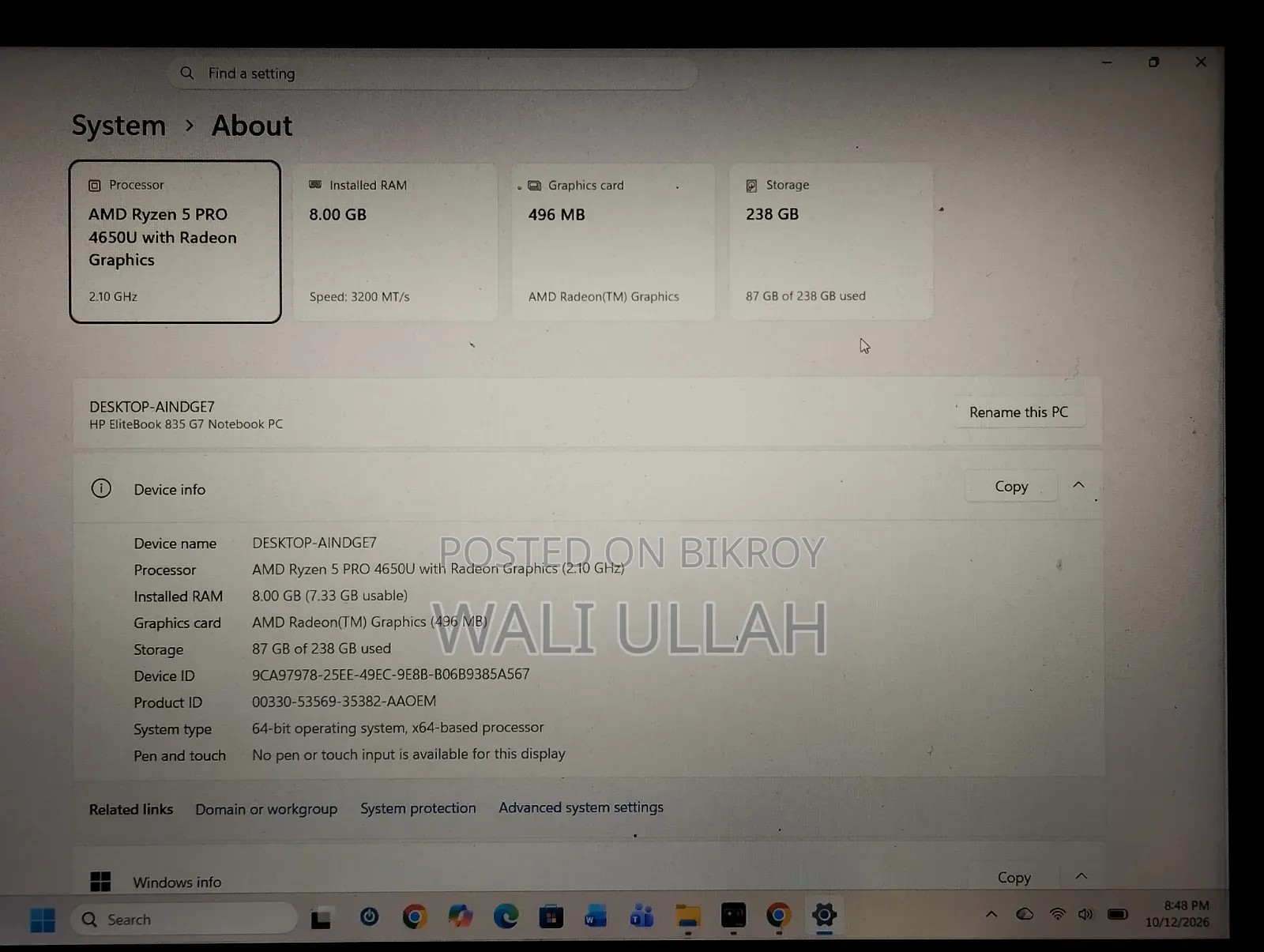 Laptop HP EliteBook 835 G7 8GB AMD Ryzen 5 SSD 256GB