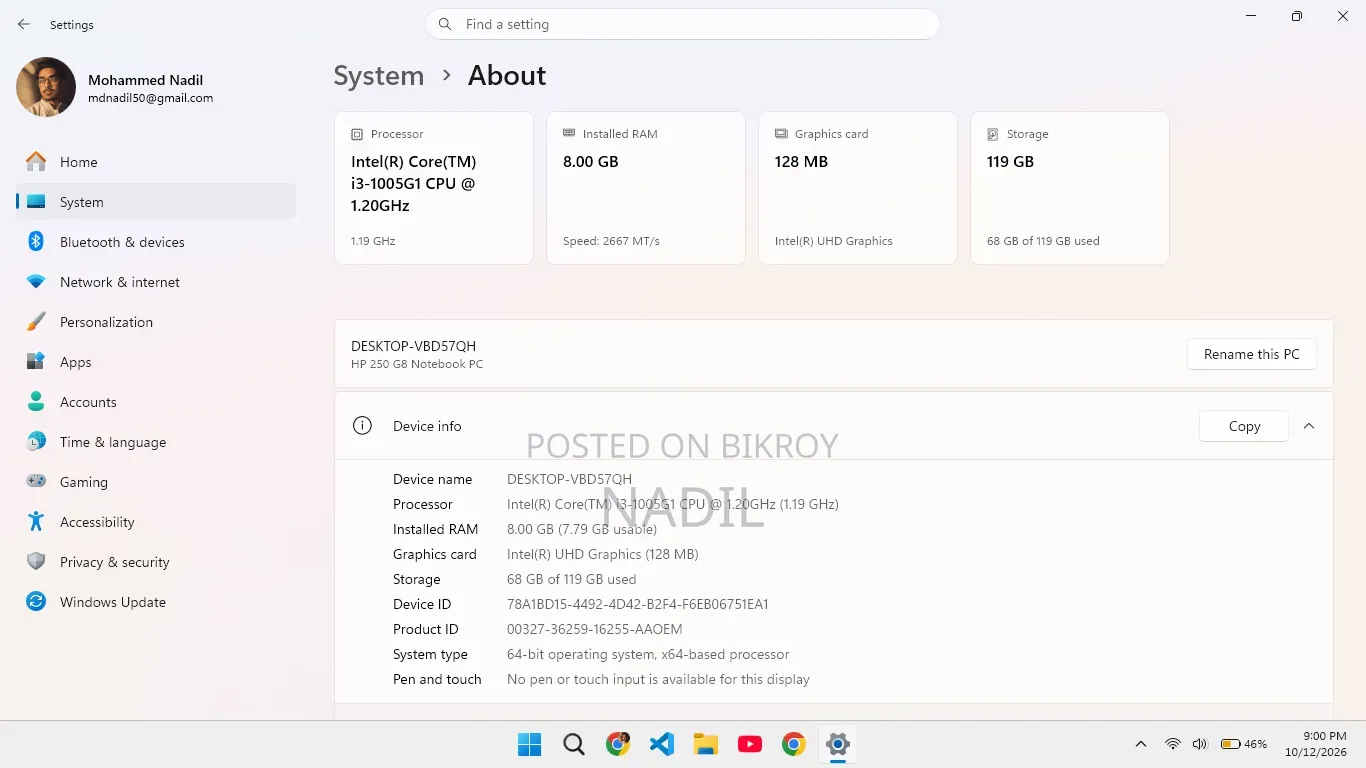 Laptop HP 250 G8 8GB Intel Core i3 SSD 128GB