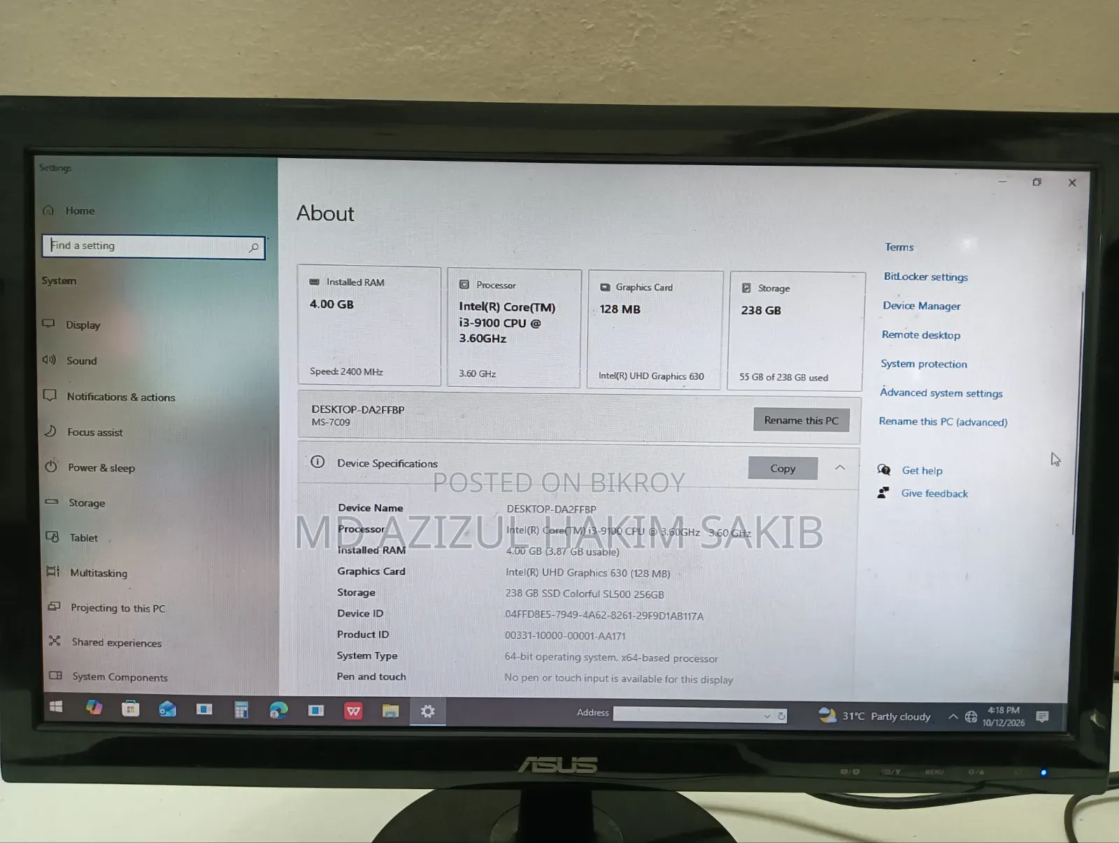 Desktop Computer Asus 4GB Intel Core i3 SSD 256GB