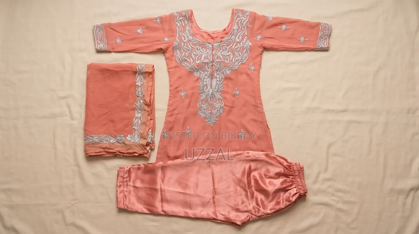 Elegant Peach & Silver Embroidered 3-Piece Set With Georgette Fabric
