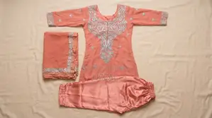 Elegant Peach & Silver Embroidered 3-Piece Set With Georgette Fabric
