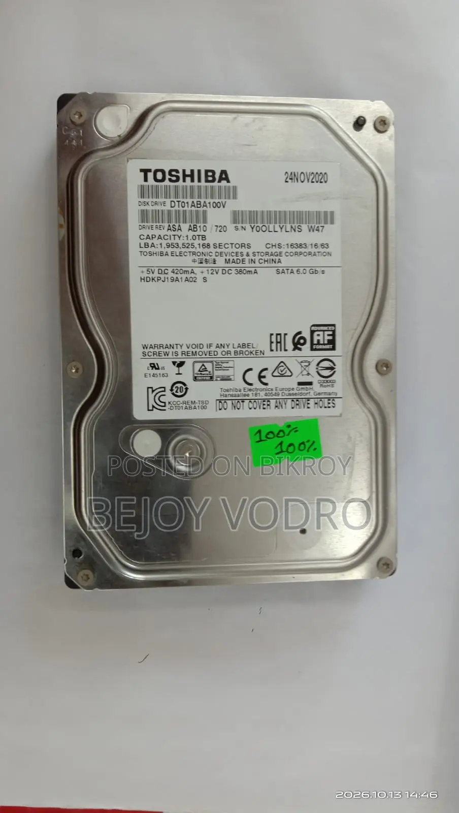 Toshiba Dt01aba100v 1tb 3.5-Inch Sata Iii HDD