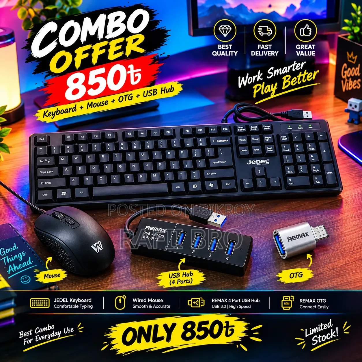 4 in One Gaming Combo - Keyboard + Mouse + USB HUB and OTG Combo