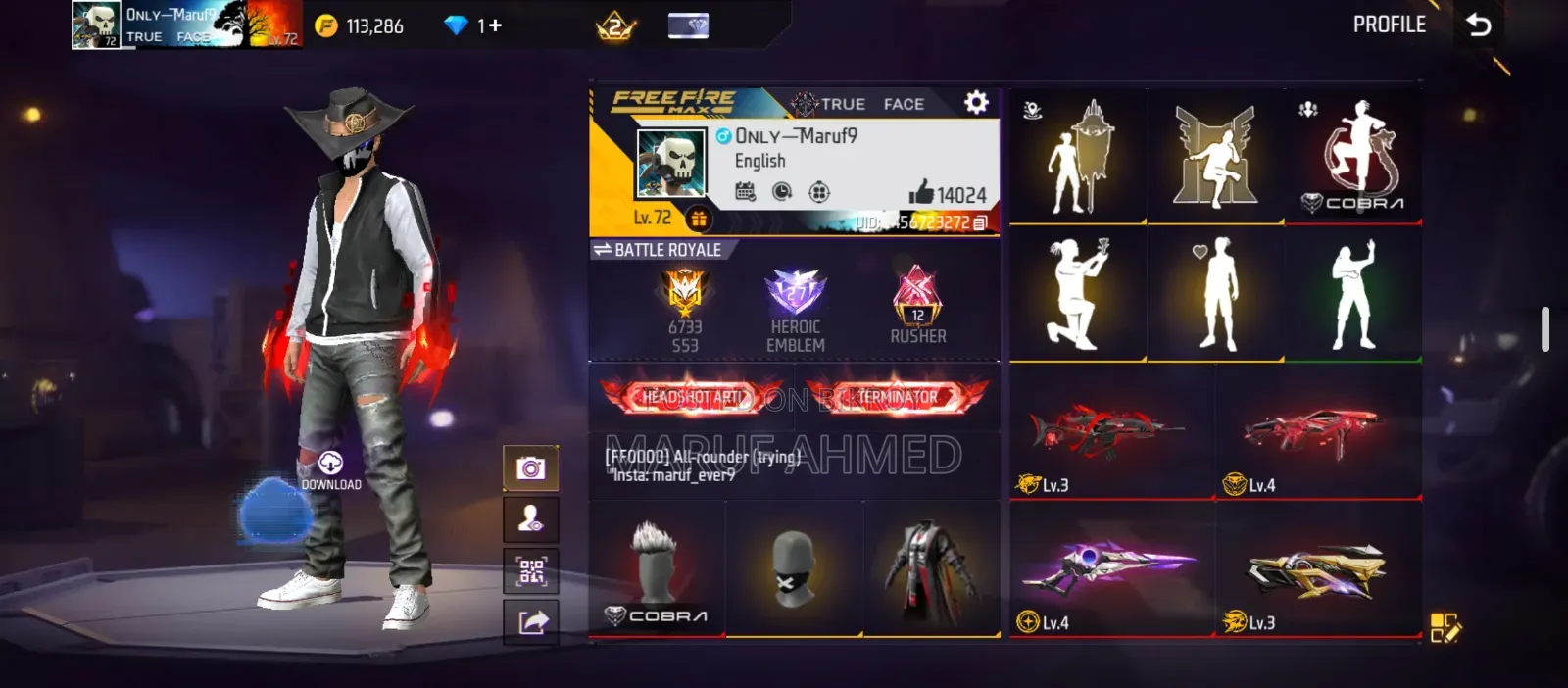 Free Fire Id 72 LVL Old Collection