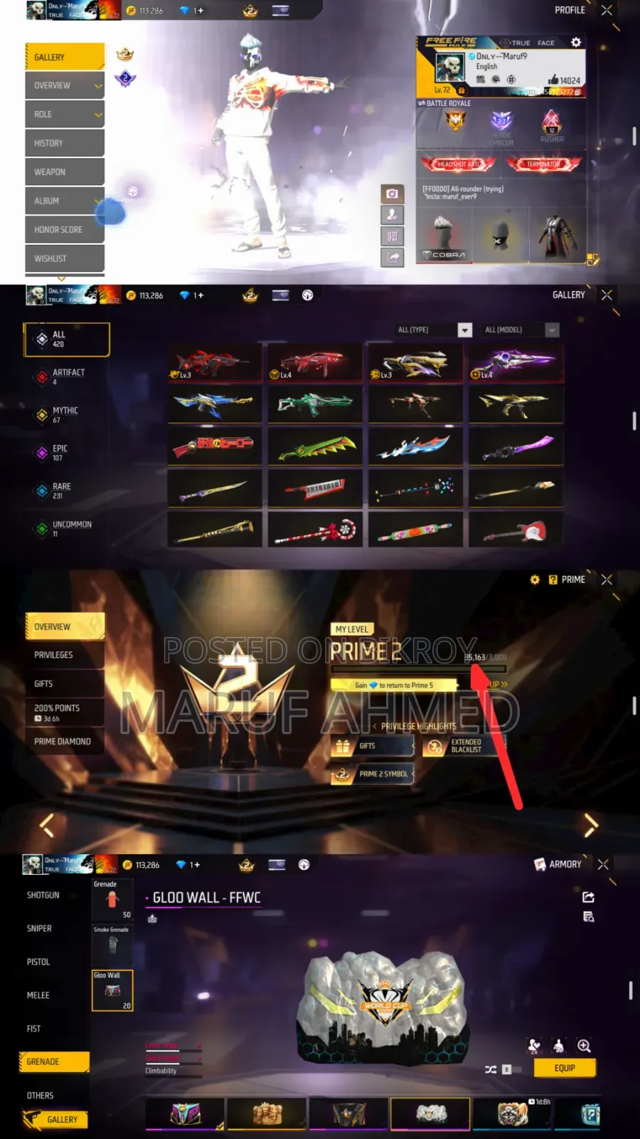 Free Fire Id 72 LVL Old Collection