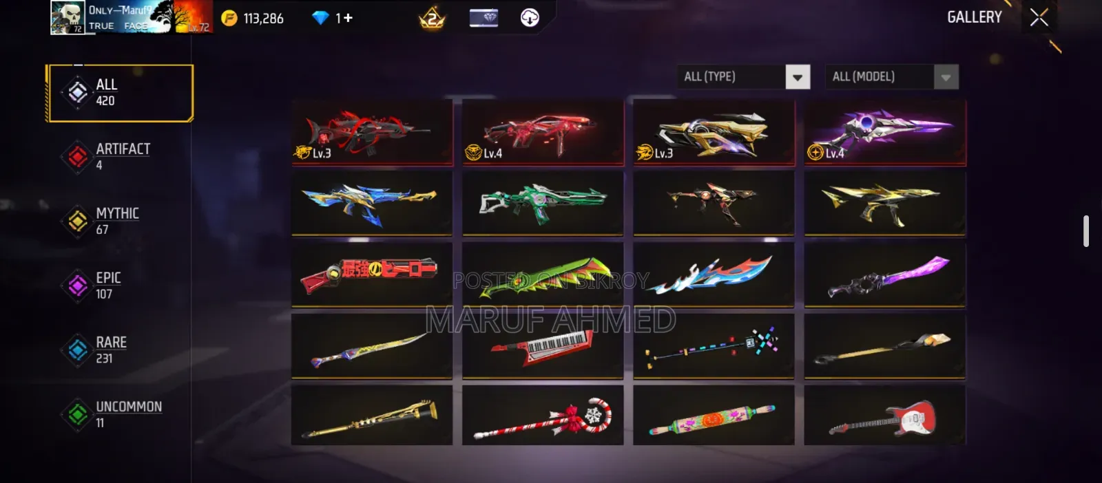 Free Fire Id 72 LVL Old Collection