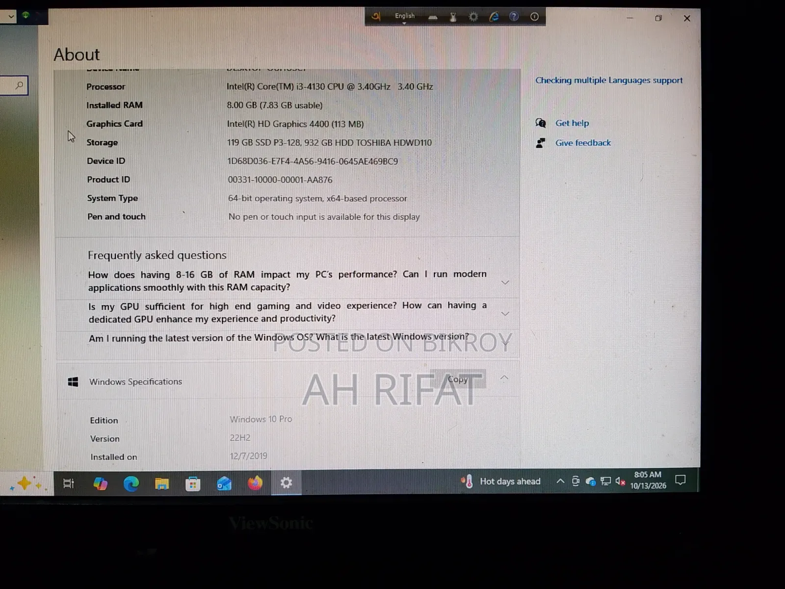 Desktop Computer 8GB Intel Core i3 HDD+SSD 1TB
