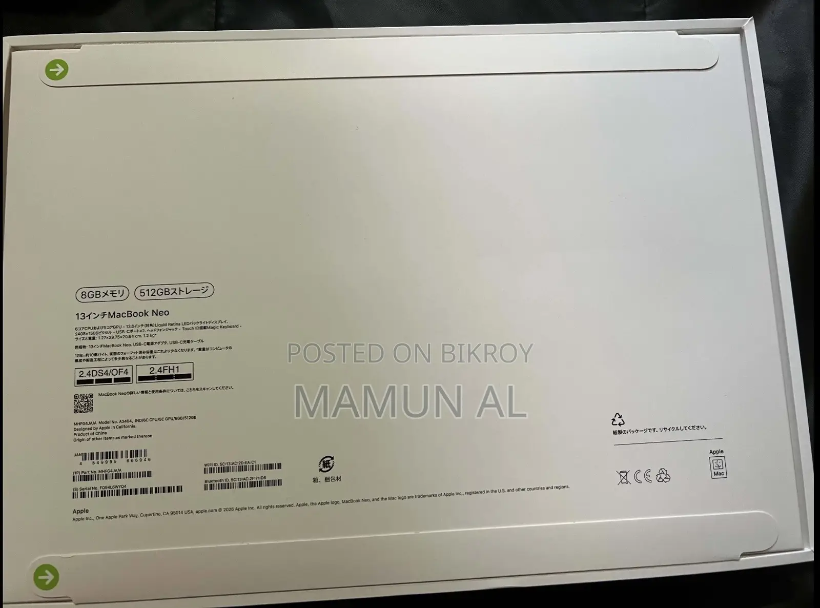 New Laptop Apple MacBook Neo 2026 8GB SSD 512GB
