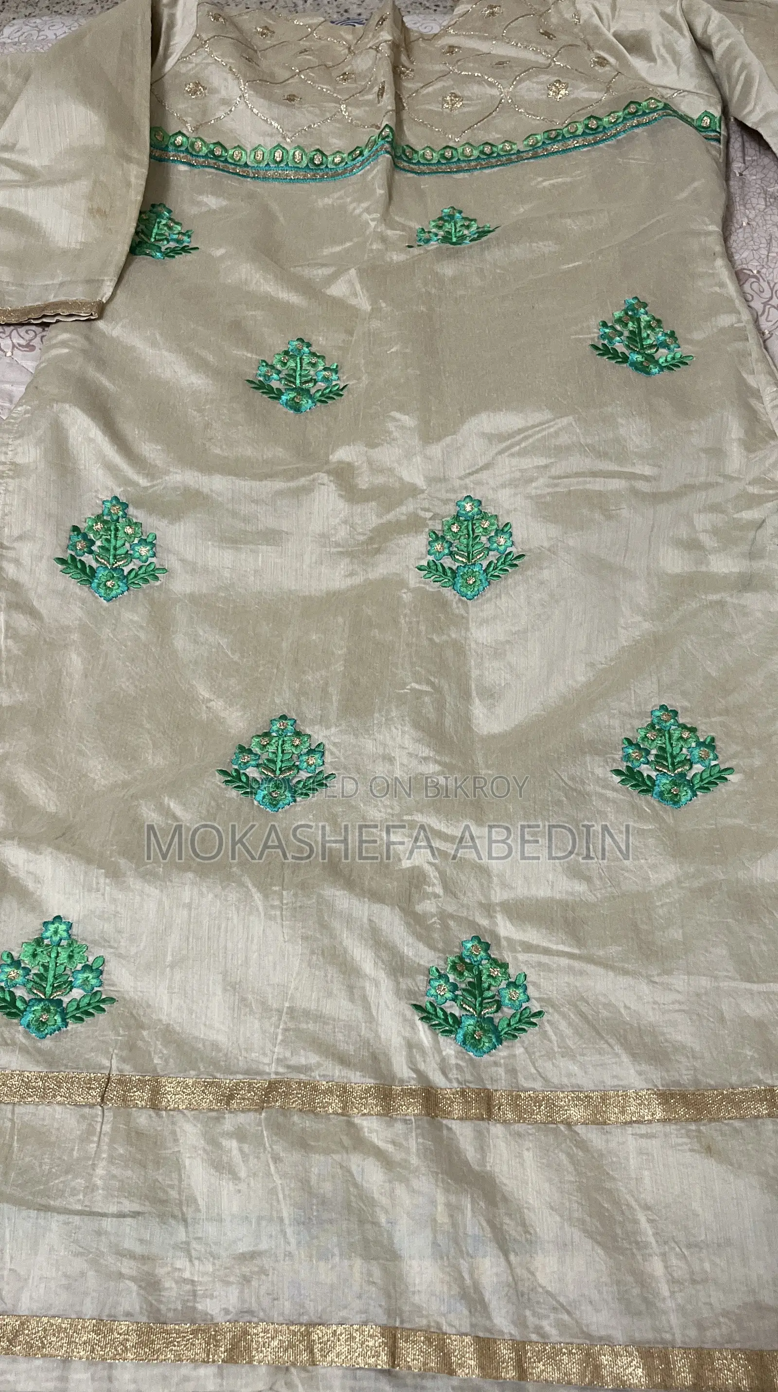 Silk Beige and Green Kameez