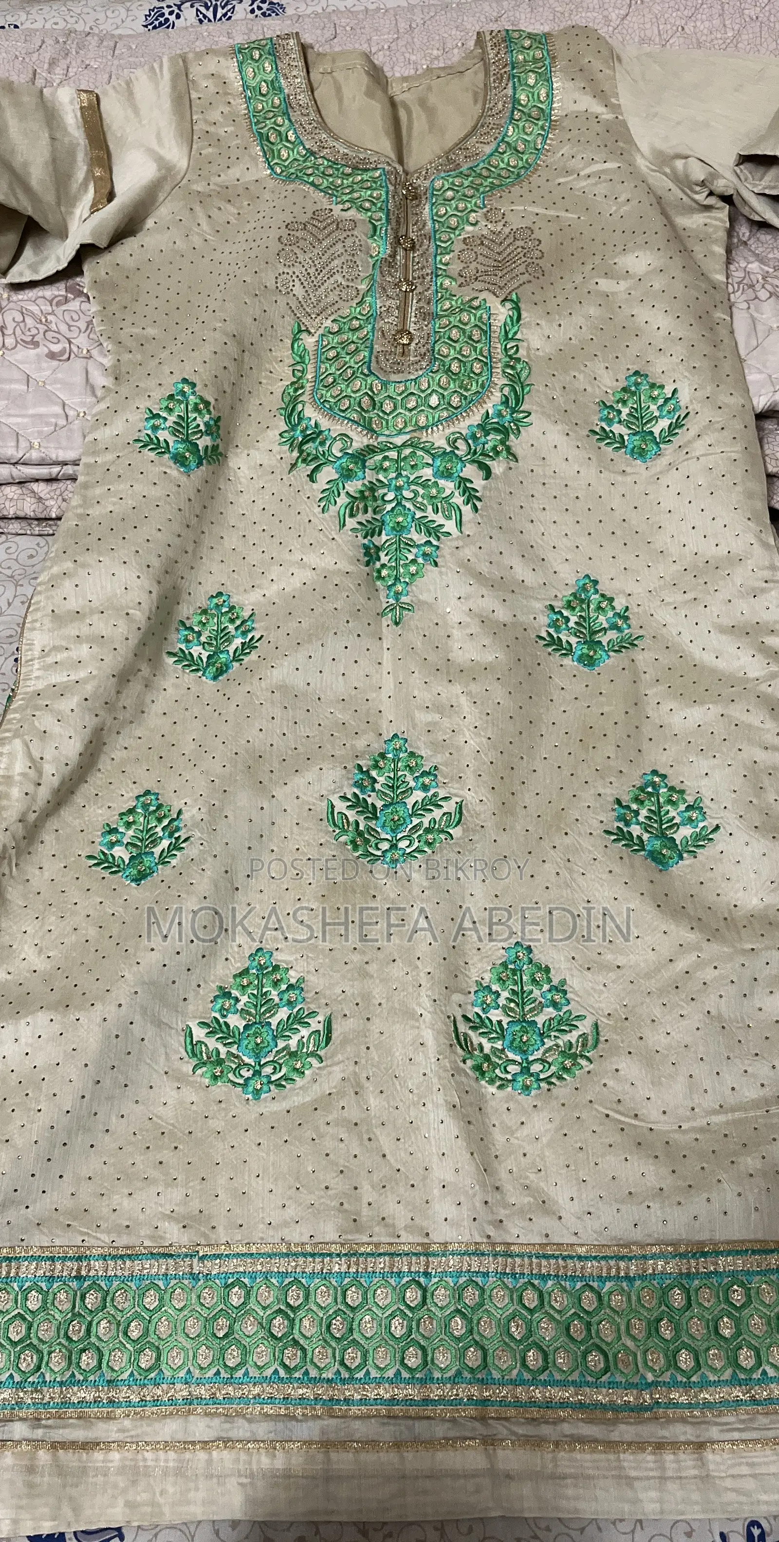 Silk Beige and Green Kameez