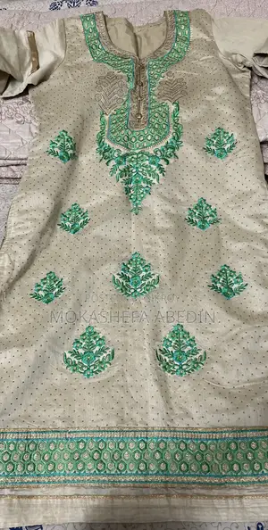 Silk Beige and Green Kameez
