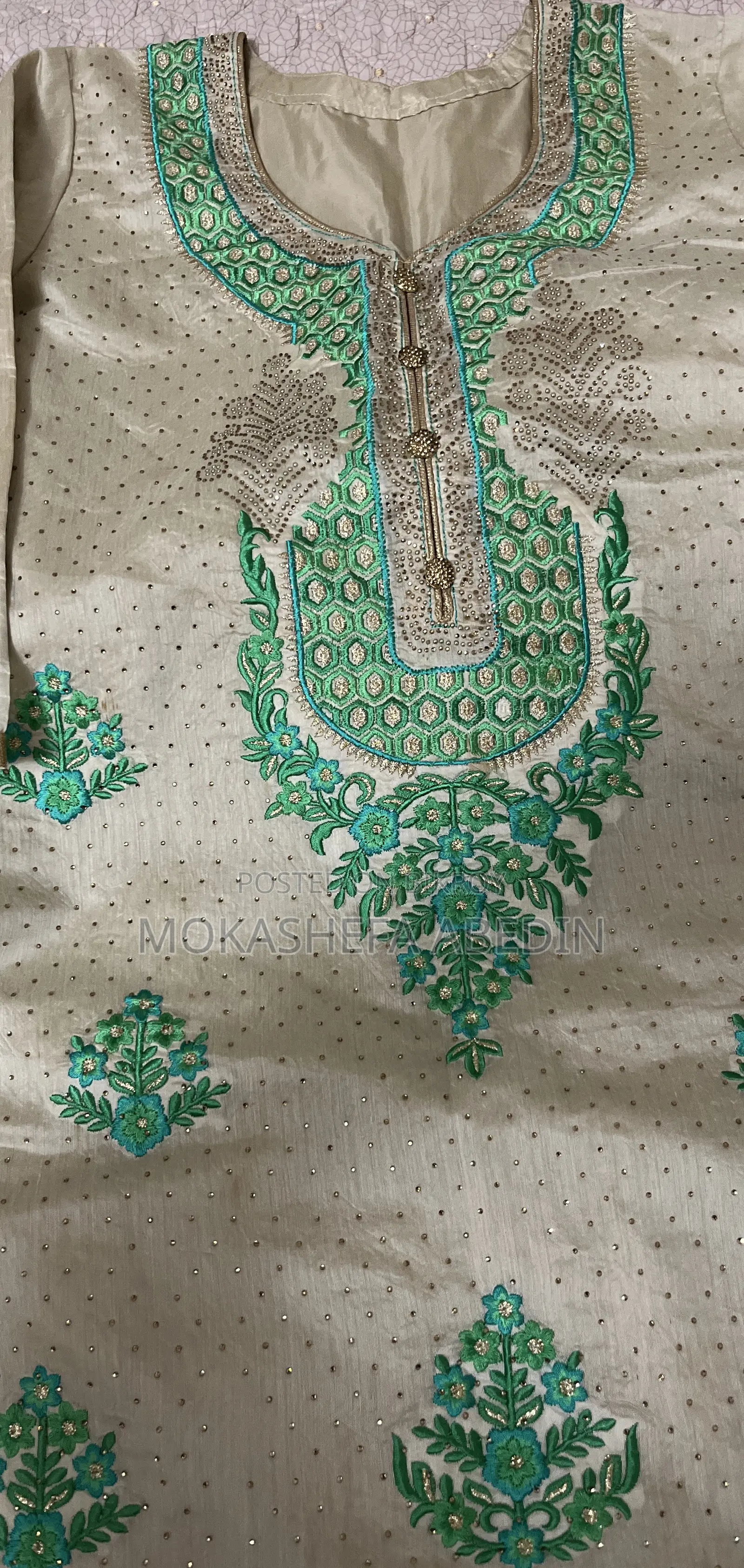 Silk Beige and Green Kameez