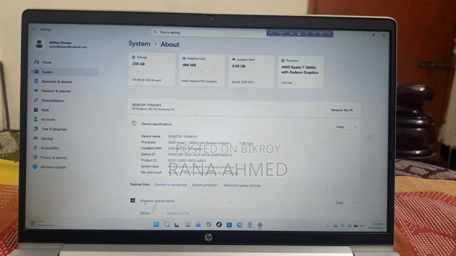 HP ProBook 445 G8 8GB AMD Ryzen 7 SSD 256GB Laptop