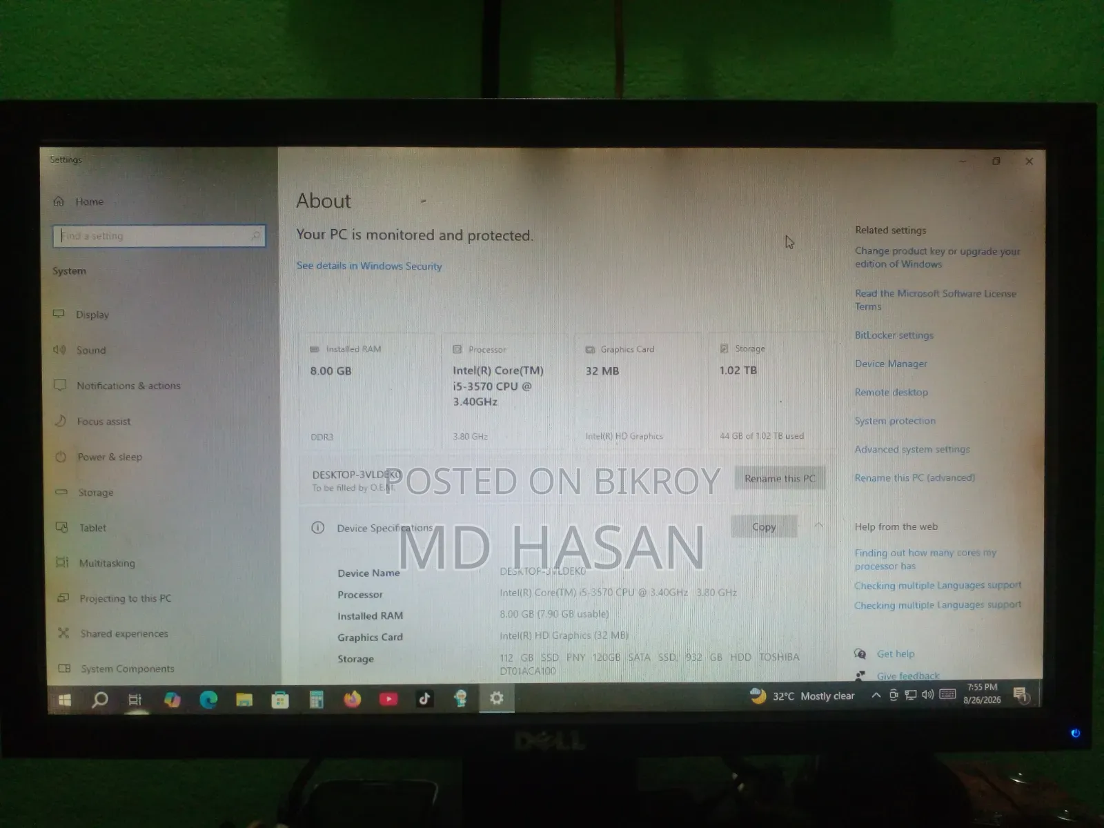 Desktop Computer Dell 8GB Intel Core i5 SSD 128GB