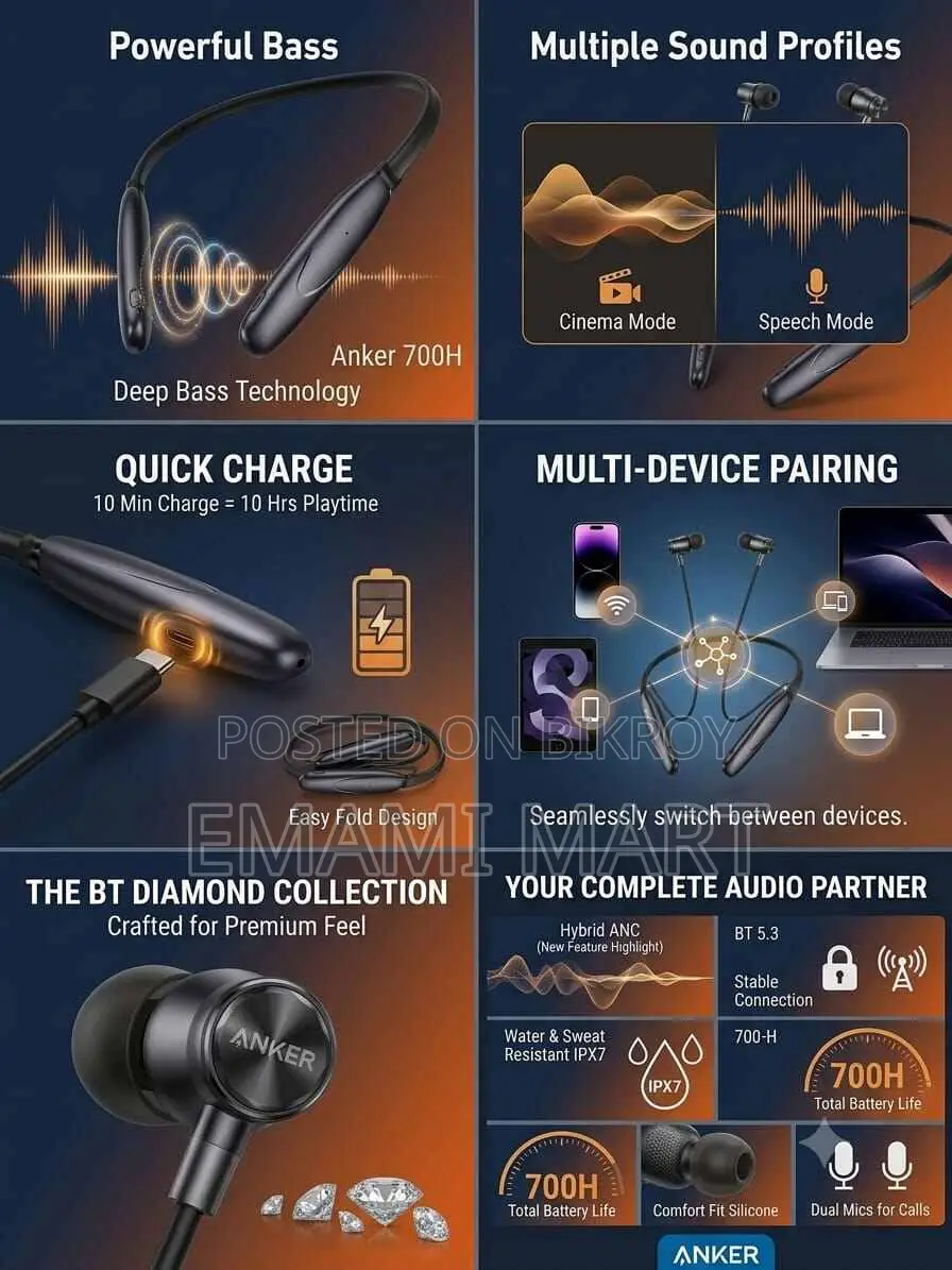 ANKER BT Diamond Wireless Neckband Earphones – 700H Playtime | Bluetoo