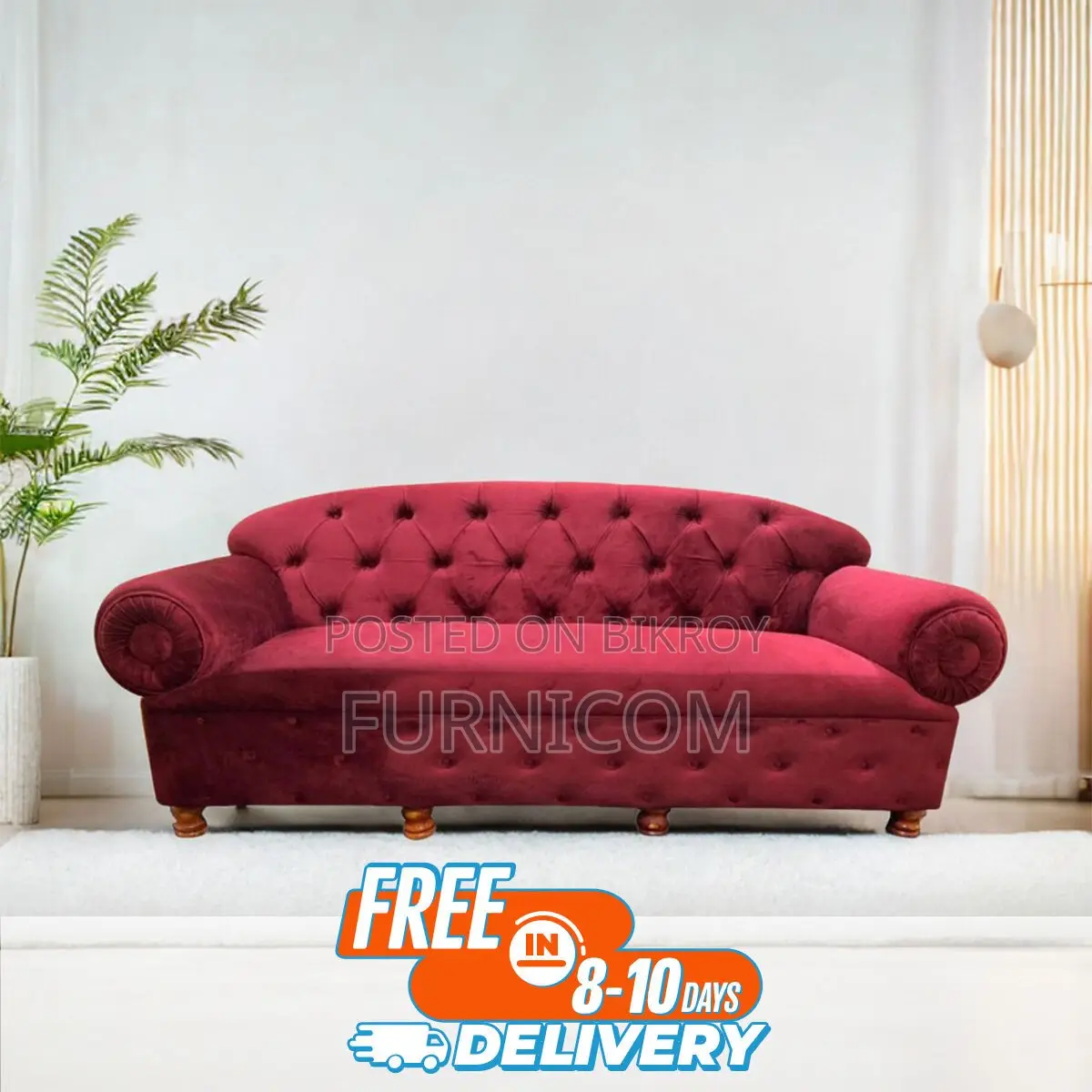 Rolled Arm Fluffy Red Velvet Sofa