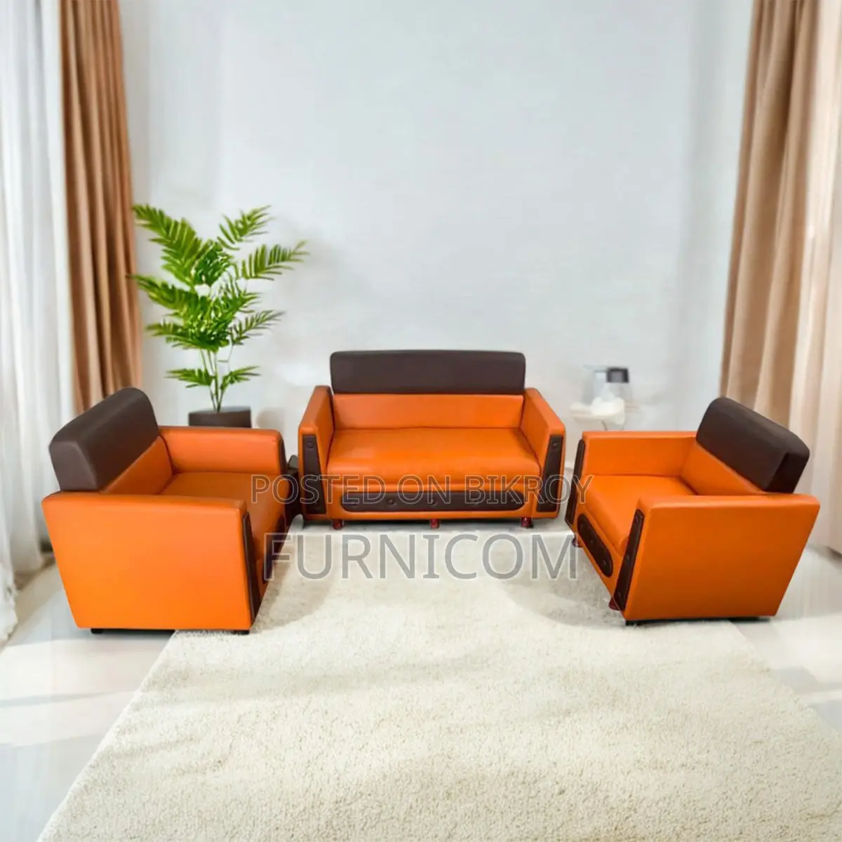 Lacquered Synthetic Leather Living Room Sofa Set (Orange)