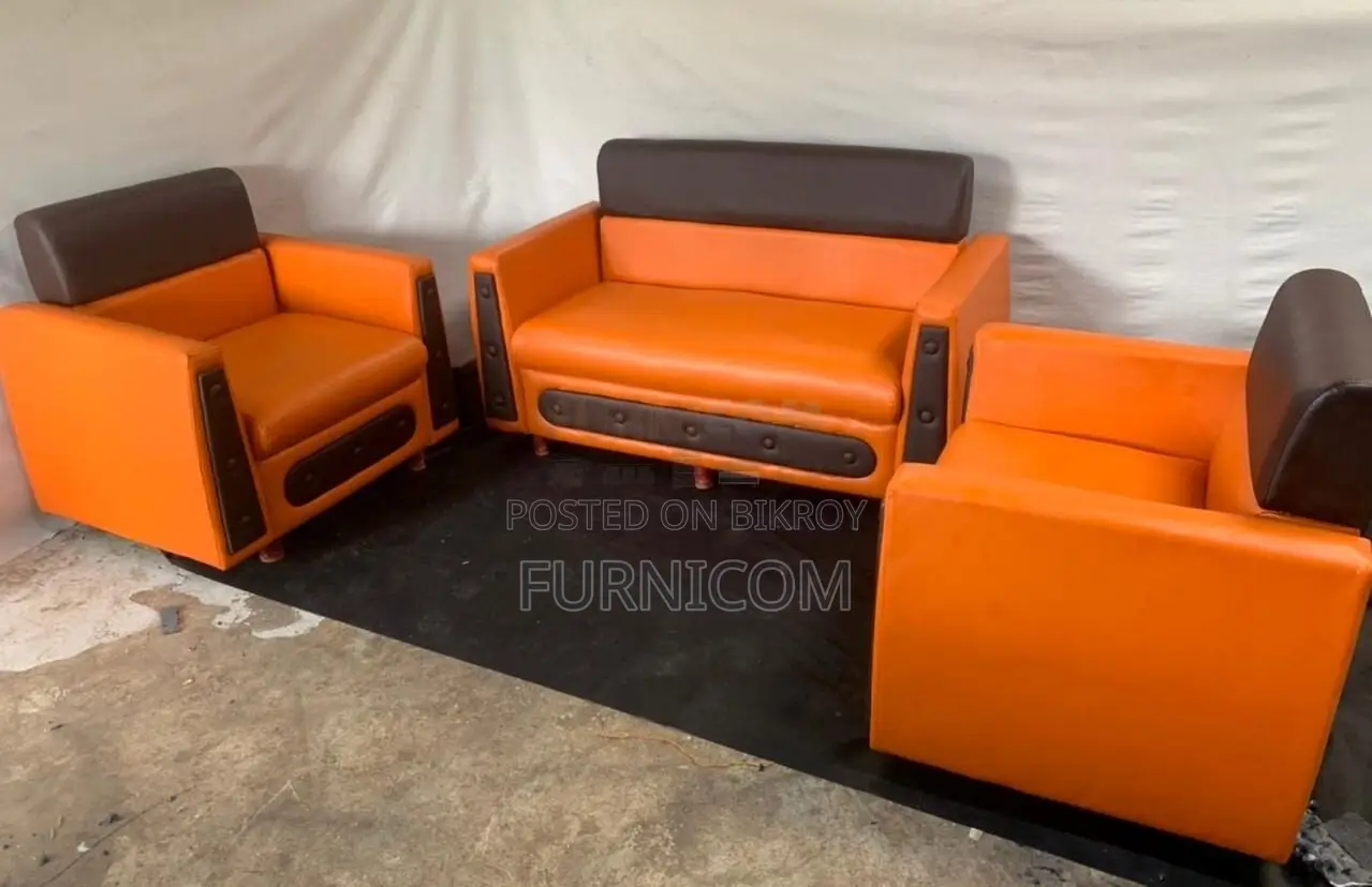 Lacquered Synthetic Leather Living Room Sofa Set (Orange)