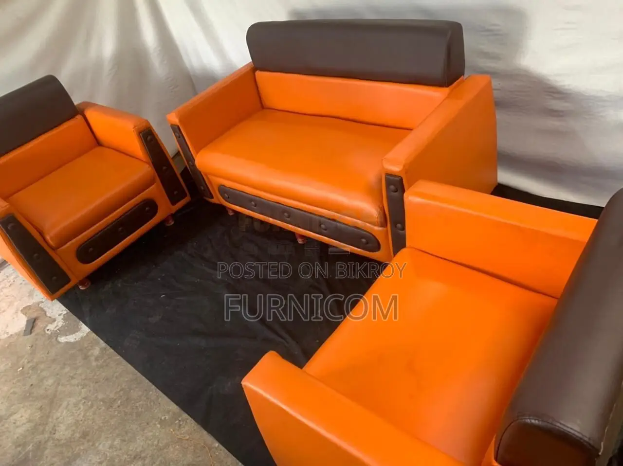 Lacquered Synthetic Leather Living Room Sofa Set (Orange)