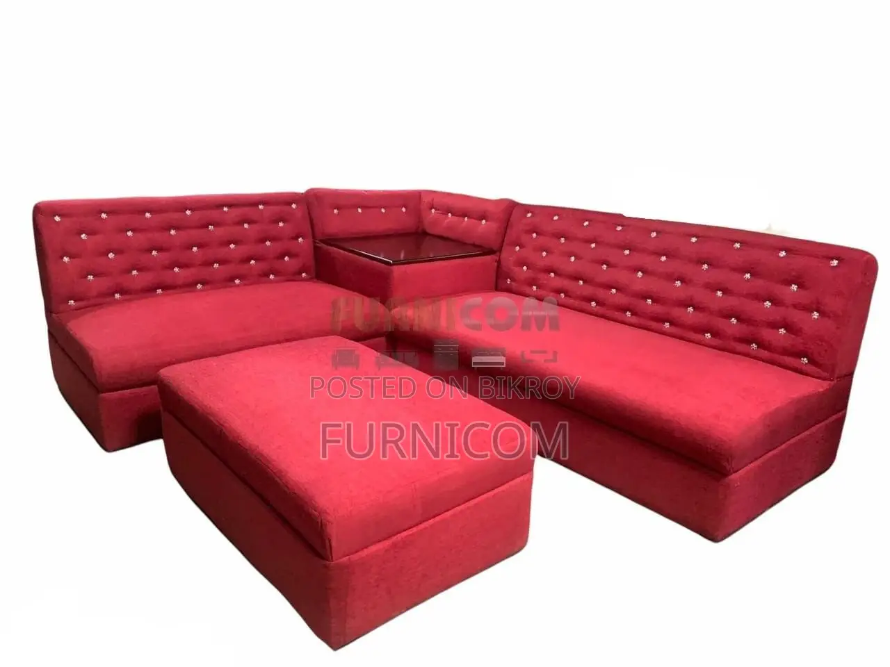 Red Velvet Button Tufted Armless Corner Sofa with Extra Deep Seat