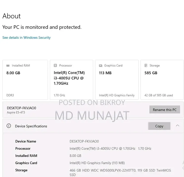 Laptop Acer Aspire 14 8GB Intel Core i3 SSHD+SSD 500GB