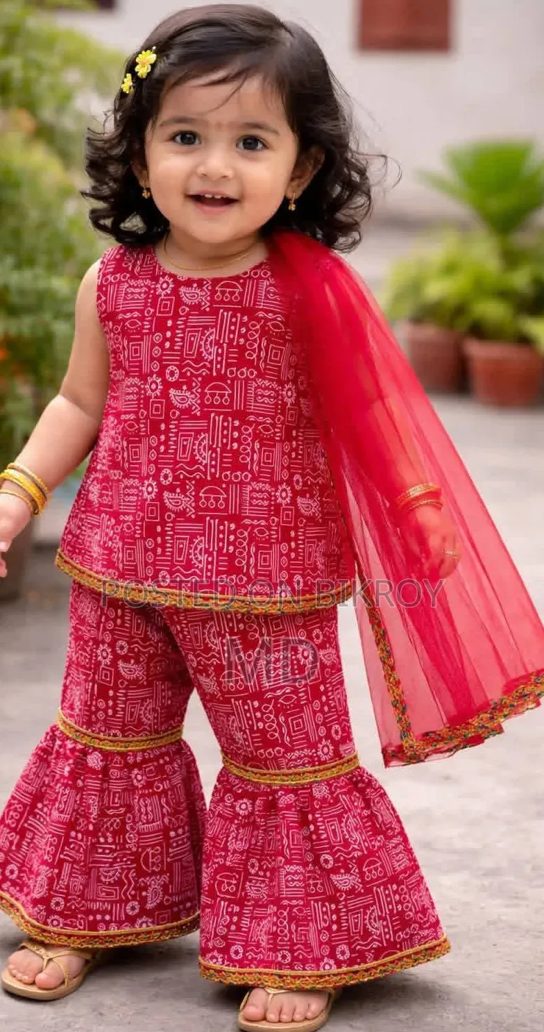 Red Printed Kurti,Sharara Pants & Dupatta 3-Piece Festive Set
