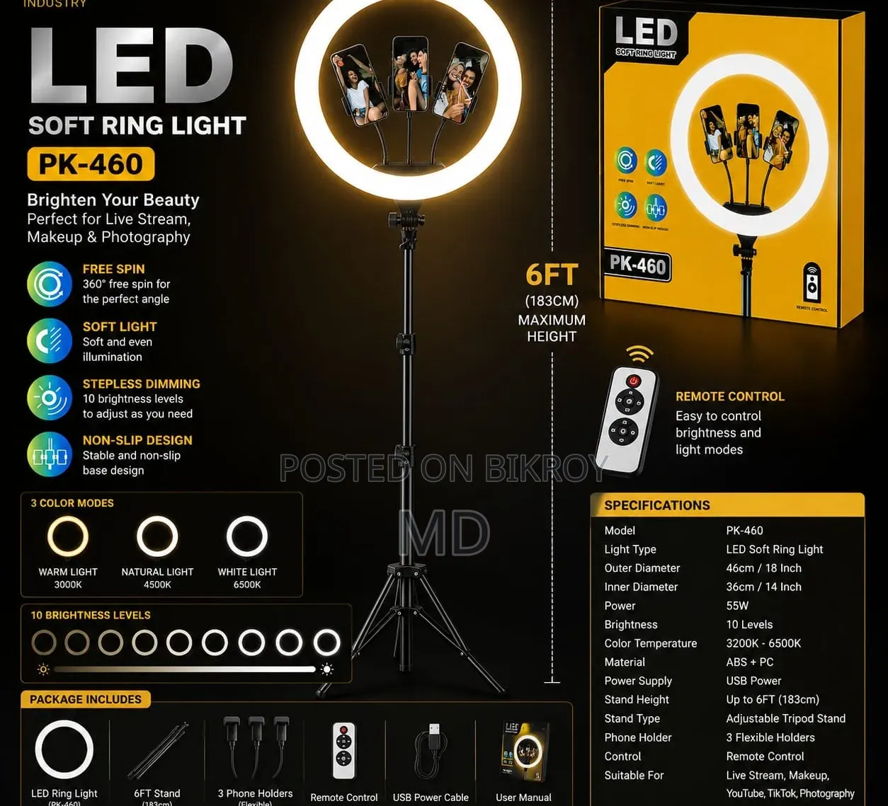 18 Inch LED Light With 6FT Tripod Stand, 3 Phone Holders & Remote Control