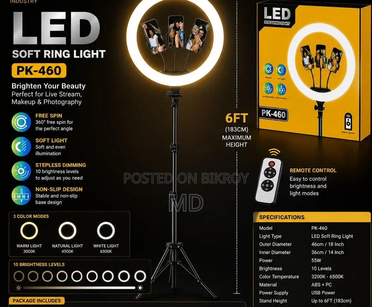 18 Inch LED Light With 6FT Tripod Stand, 3 Phone Holders & Remote Control