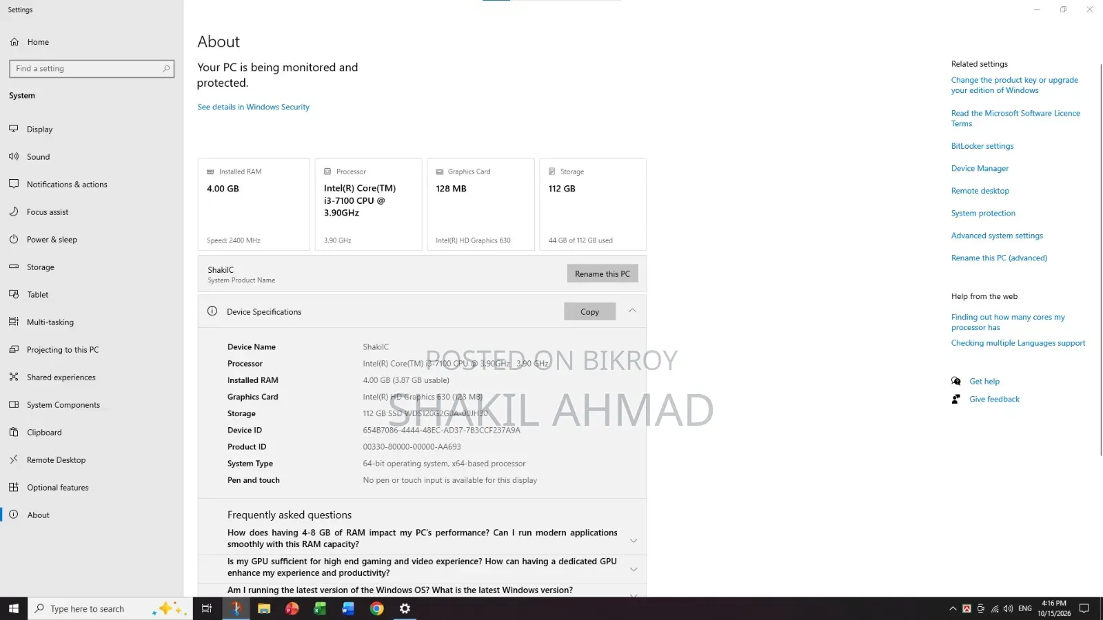 Desktop Computer Asus 4GB Intel Core i3 SSD 128GB