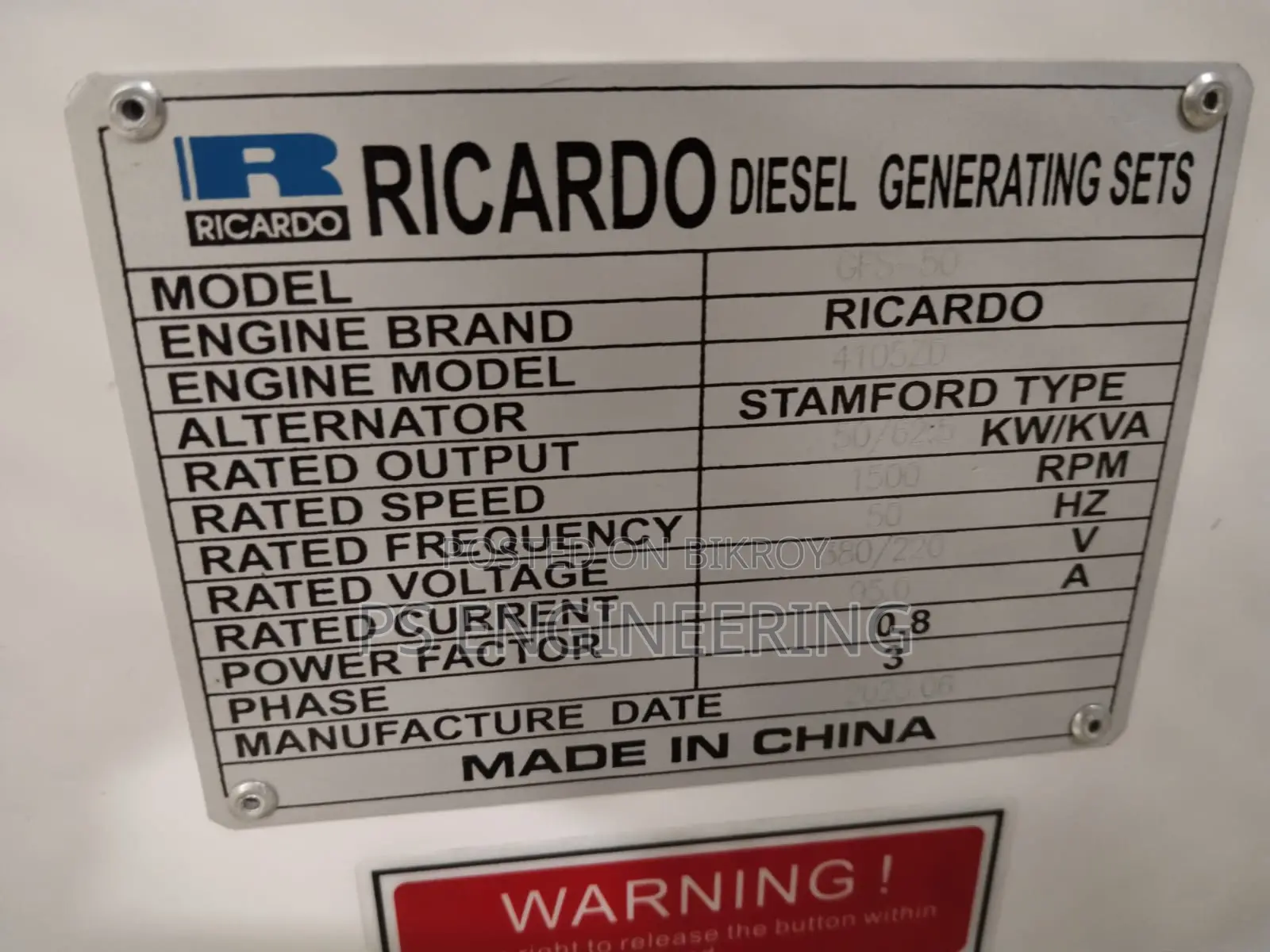 62.5KVA Ricardo Diesel Generator – Brand New | PS Engineering Ltd.