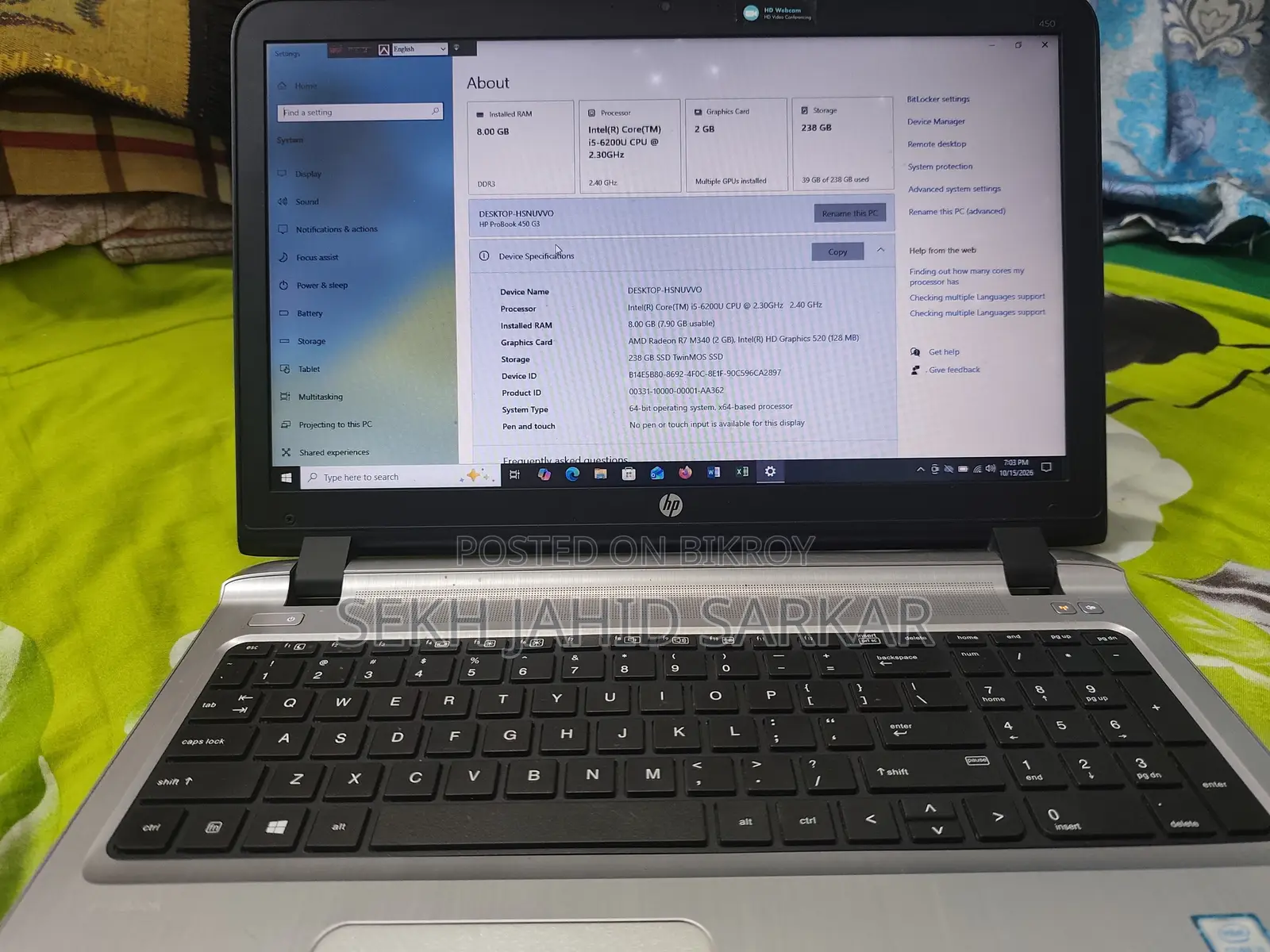 Laptop HP ProBook 450 G3 8GB Intel Core i5 SSD 256GB