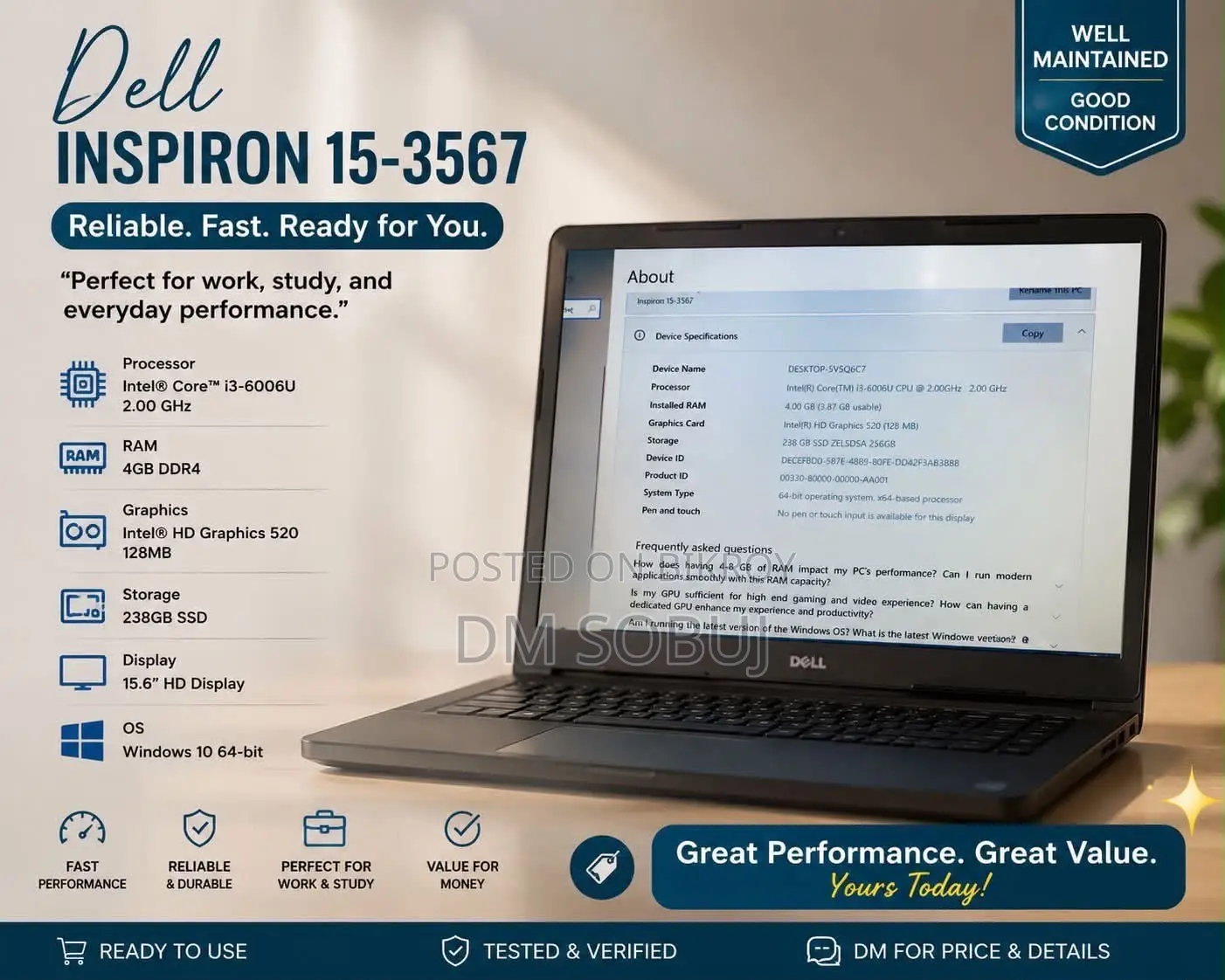 Laptop Dell Inspiron 15 3567 4GB Intel Core i3 SSD 256GB