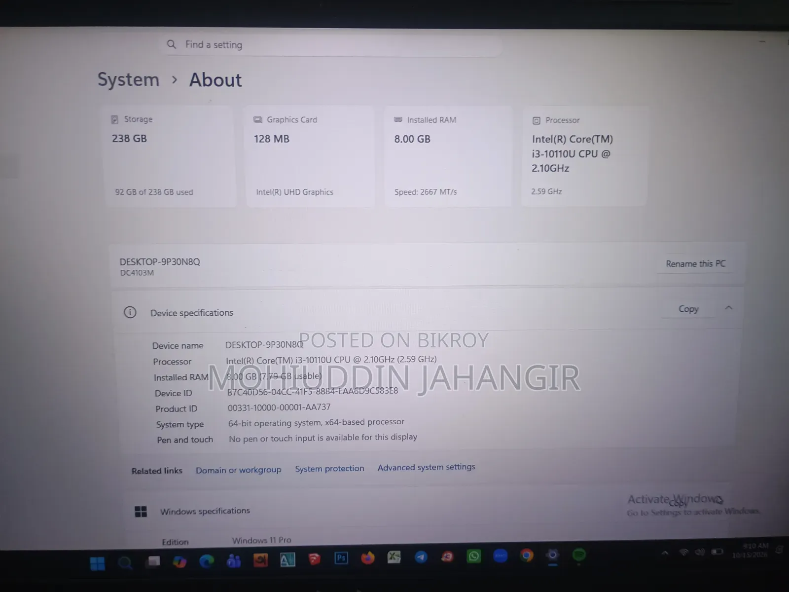 Laptop 8GB Intel Core i3 SSD 128GB
