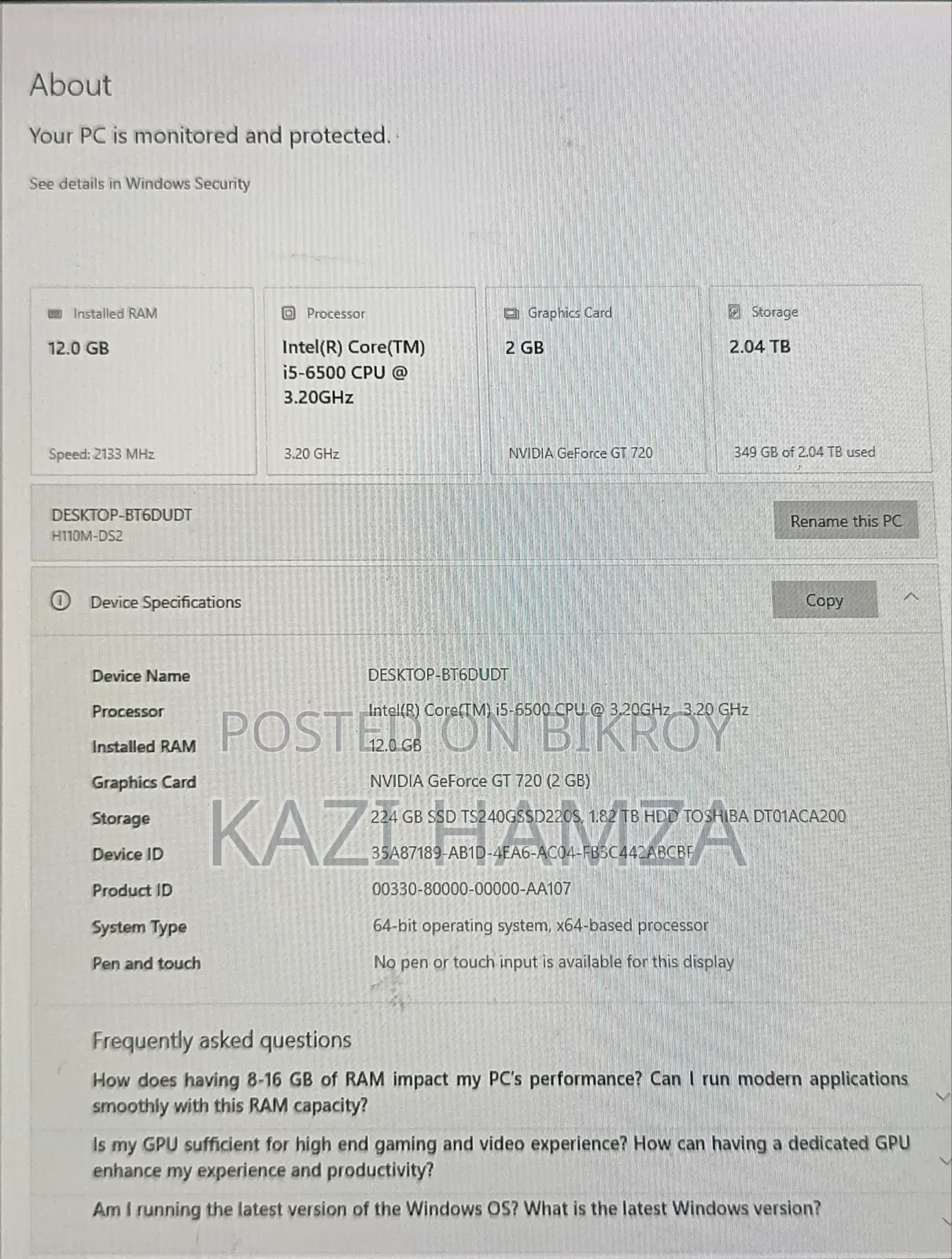 Desktop Computer 12GB Intel Core i5 SSD 256GB