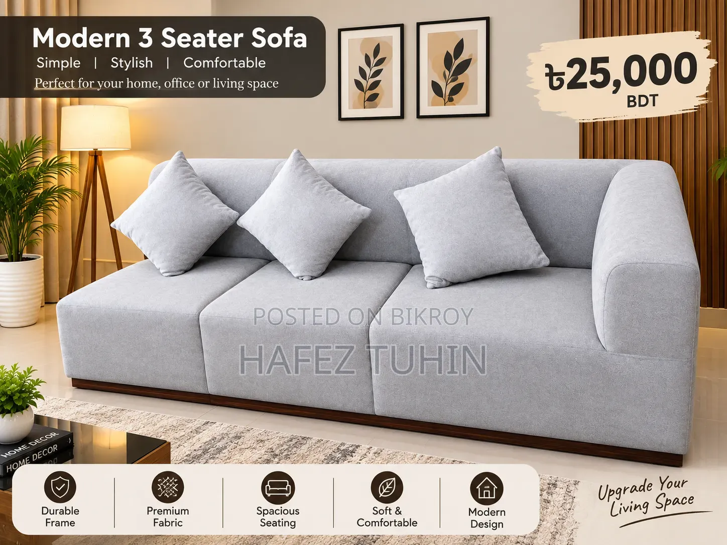 Modern 3-Seater Fabric Sofa