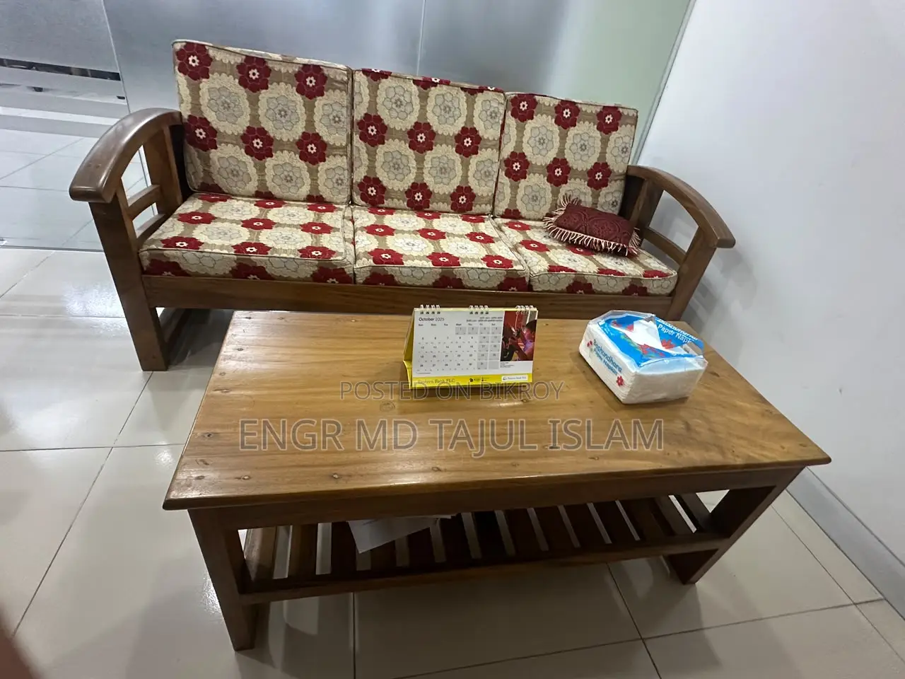 আসল সেগুন কাঠের সোফা সেট (৩+১+১) সেন্টার এবং সাইড টেবিল সহ