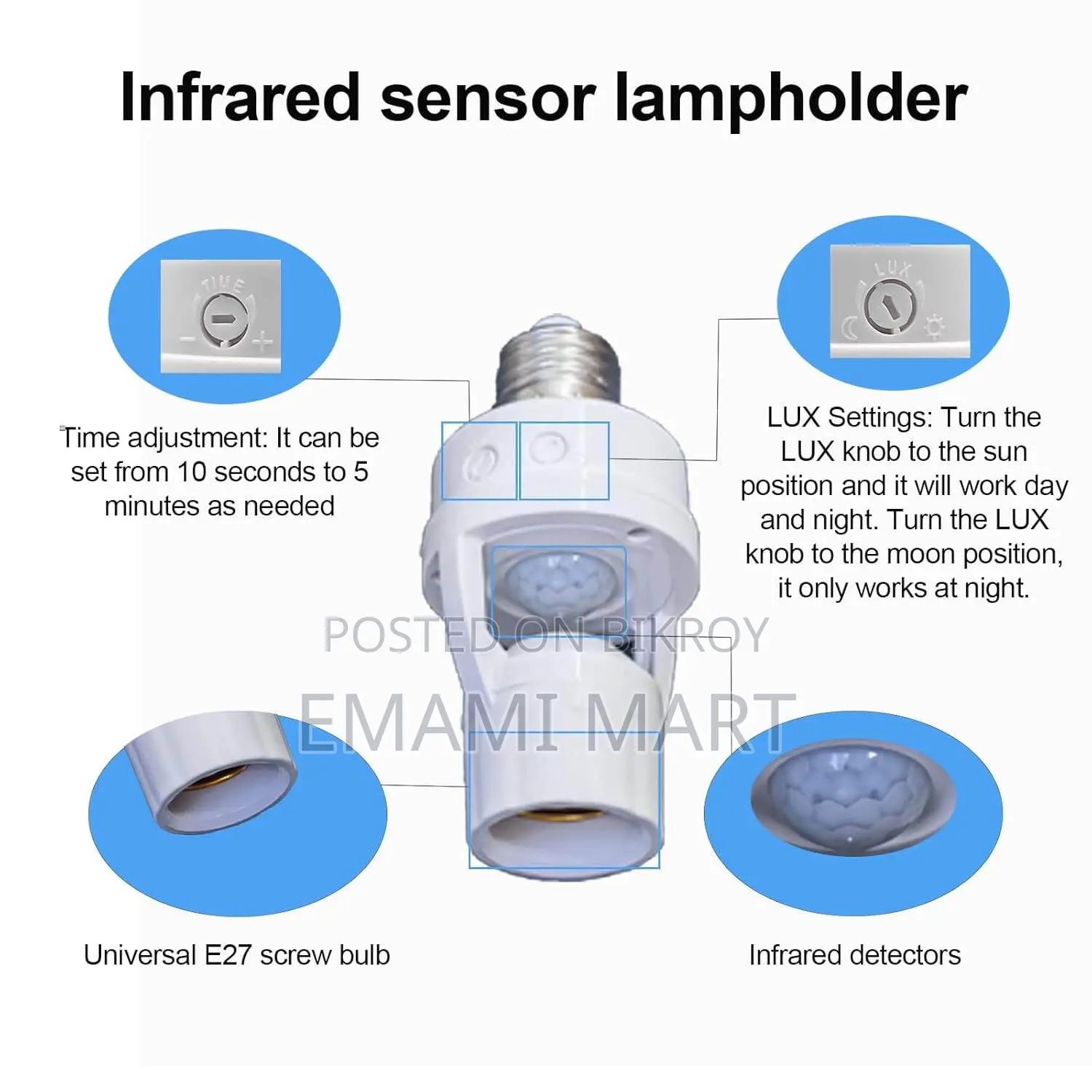 Motion Sensor Light Socket, E26/E27 Smart Lamp Bulb Holder Adapter Aut