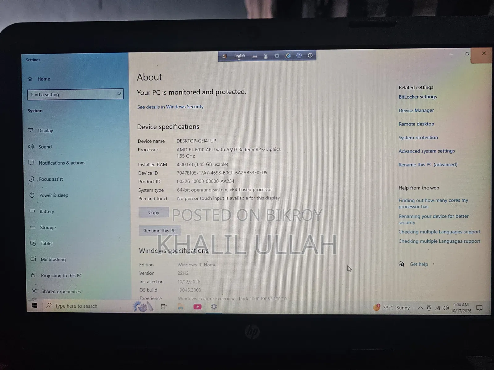 Laptop HP 4GB AMD SSD 128GB