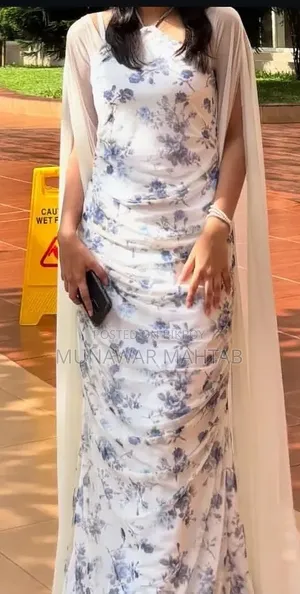 Elegant White & Blue Floral Long Dress - Size S