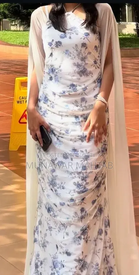Elegant White & Blue Floral Long Dress - Size S