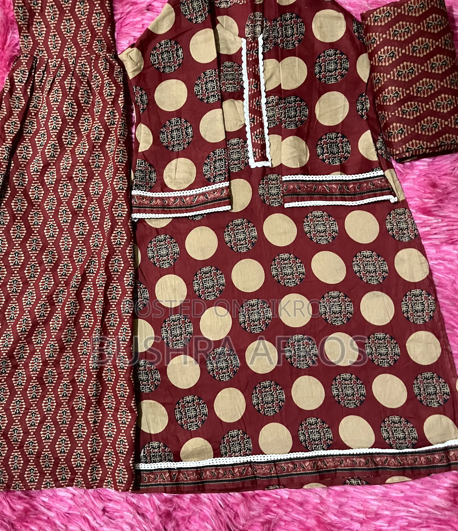 Maroon Cotton 3 Piece - Ajrakh Lace Work - Unused