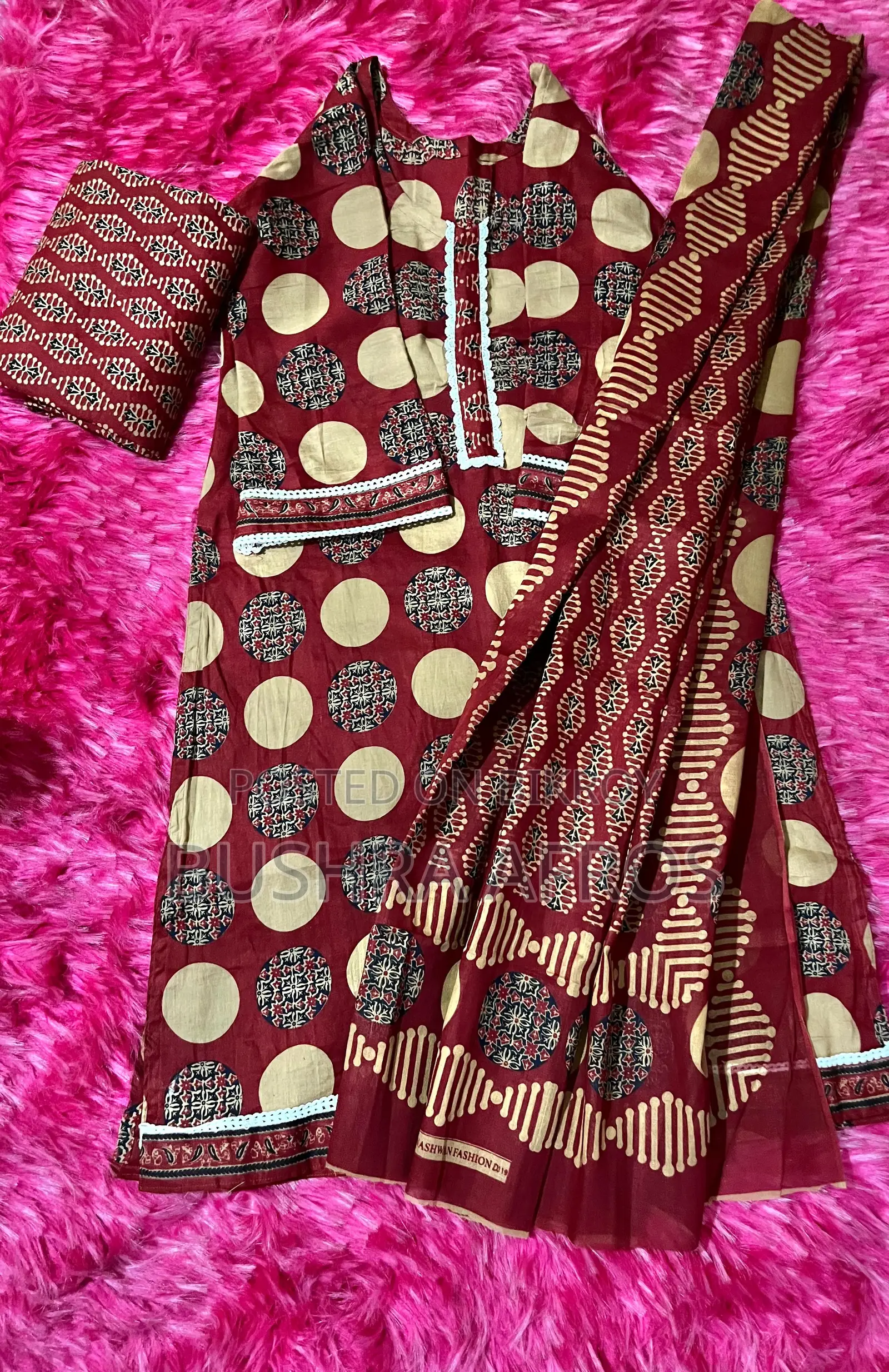 Maroon Cotton 3 Piece - Ajrakh Lace Work - Unused